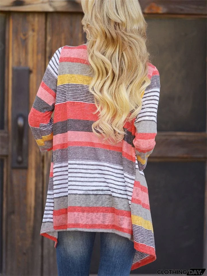 Spring Asymmetric Stripe Contrast Color 3/4 Sleeve Cardigan Women Blouses