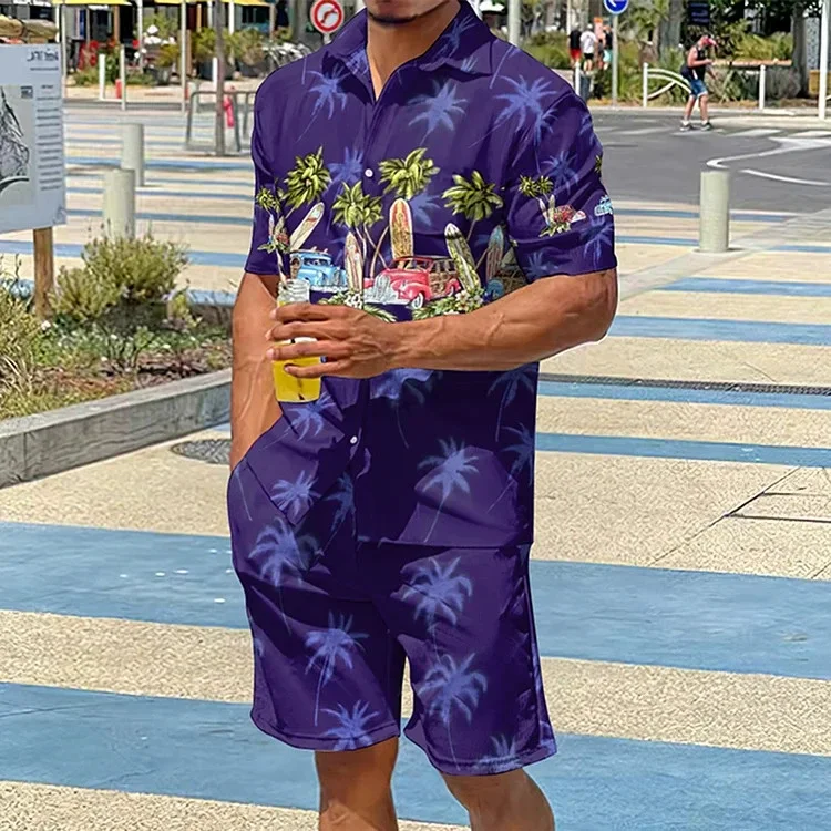Men's Classic Casual Striped Digital Print Cuban Collar Shirt Shorts Two-Piece Set