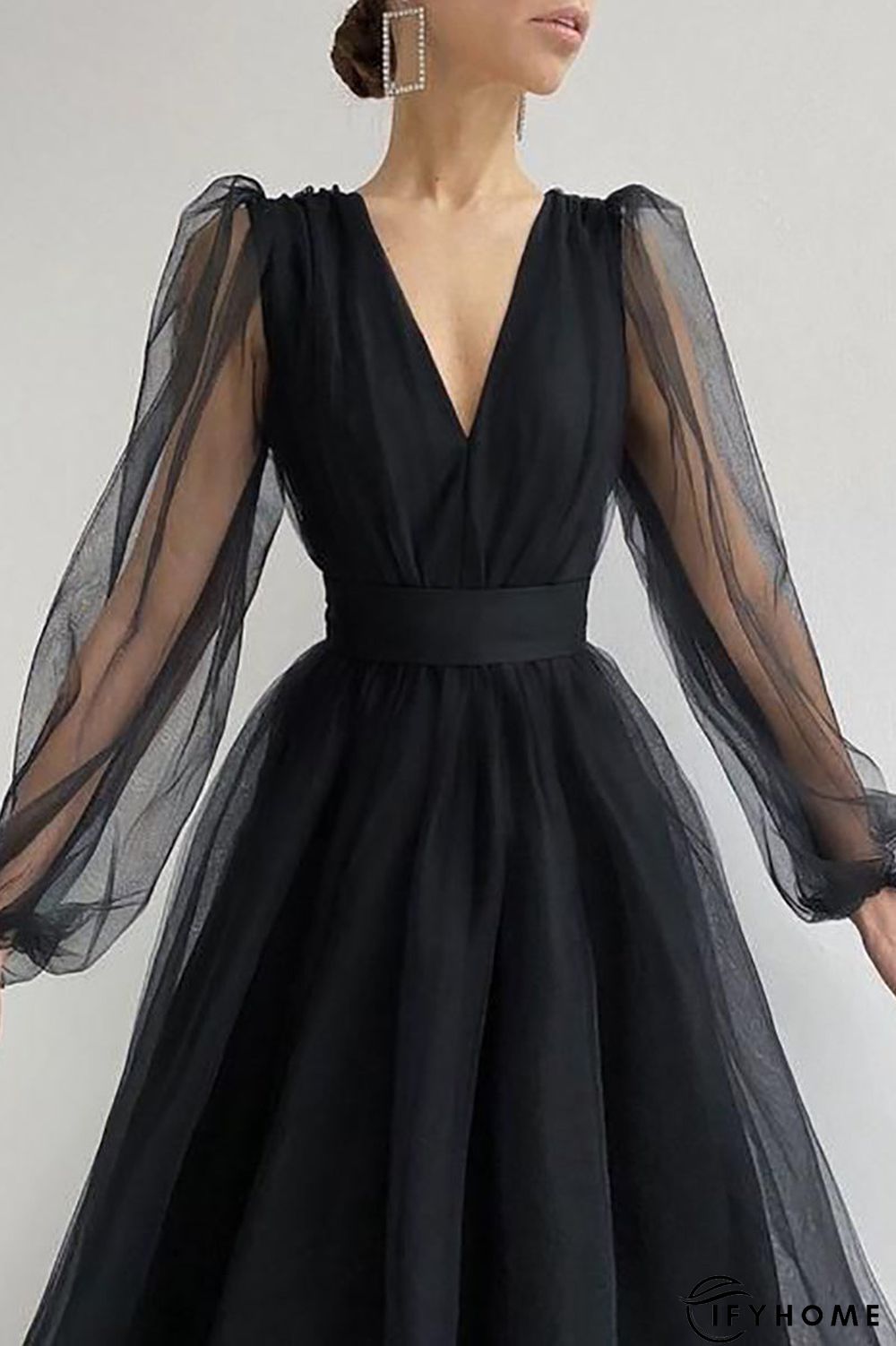 V Neck Tulle Long Sleeve Midi Dress | IFYHOME