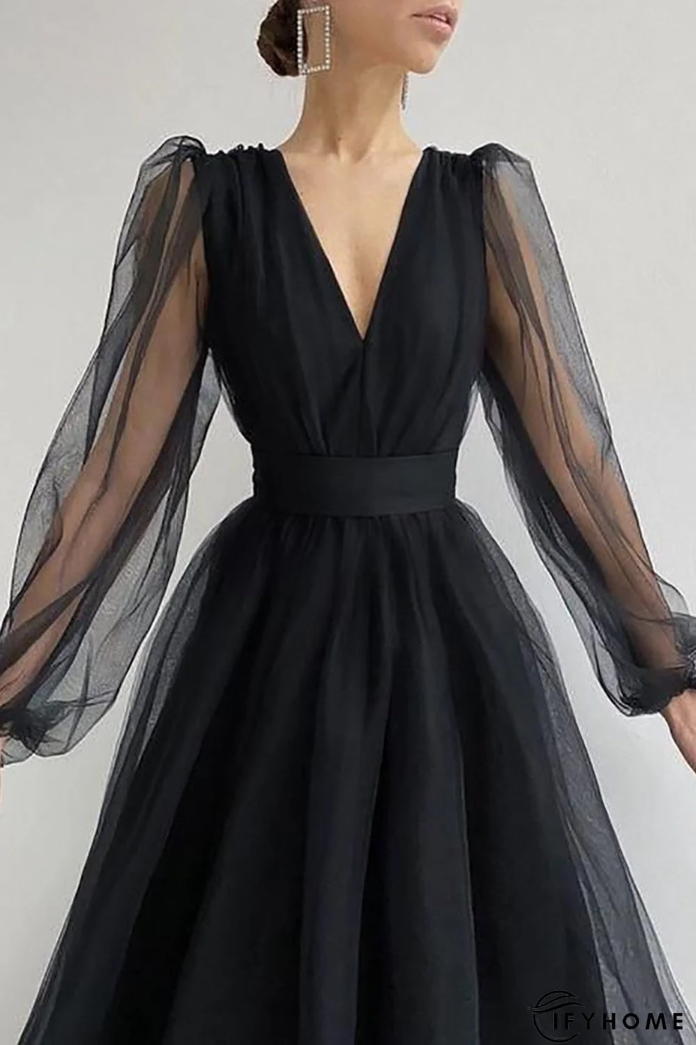 V Neck Tulle Long Sleeve Midi Dress | IFYHOME