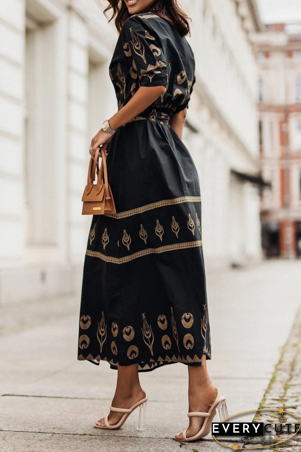 Casual Print Patchwork O Neck Shirt Dress Dresses(3 Colors)