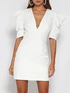 Plian Deep V-Neck Short Sleeve Ruffled Business Mini Dress