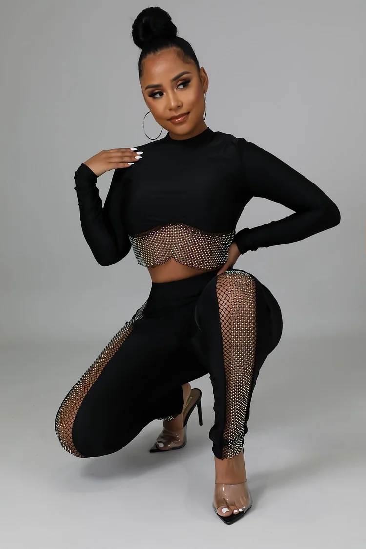 Rhinestone Fishnet 2pcs Set Pant Set