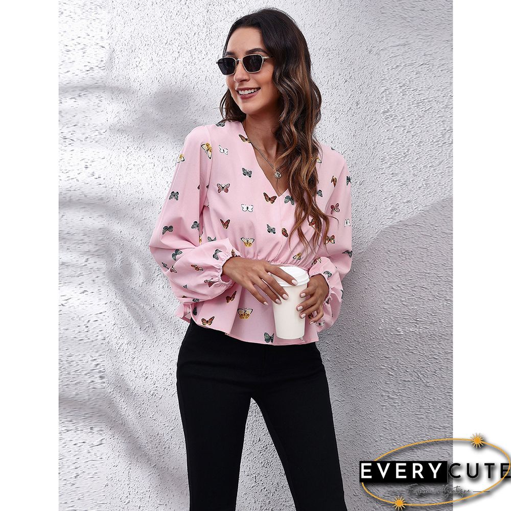 Pink Floral Print Slim Fit Lantern Sleeve Tops