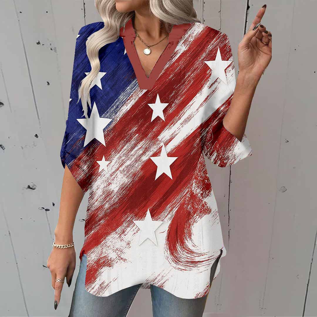 Women  Independence Day, Star, Striped, Blue, Red DZGA0249 3/4 Sleeve V-neck Printed Graphic Button Tops