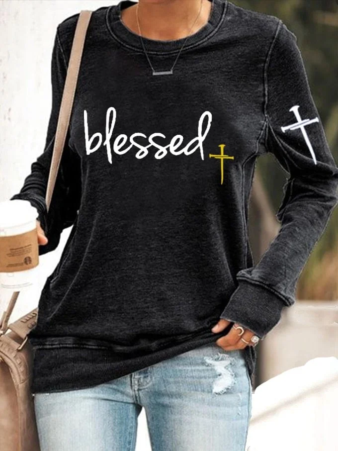 Women's Faith Blessed Cross Print Sweatshirt socialshop