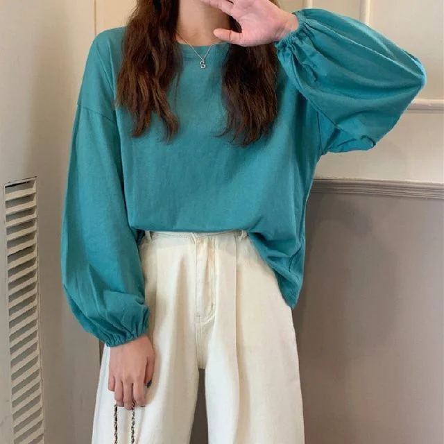 T-Shirt Round Neck Oversized Plain Long-Sleeve
