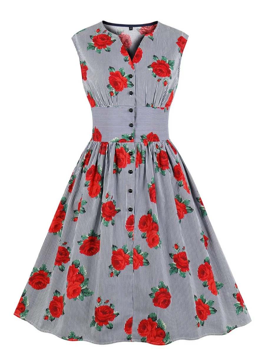 1950s Dress High Waist Flower Print Vintage Dress