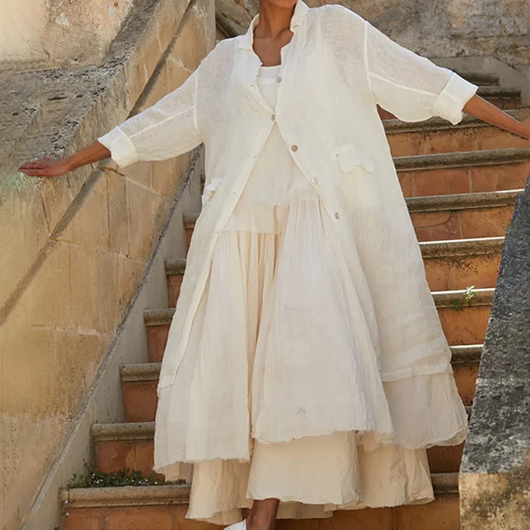 Vintage Button Cotton And Linen Comfy Long Shirt