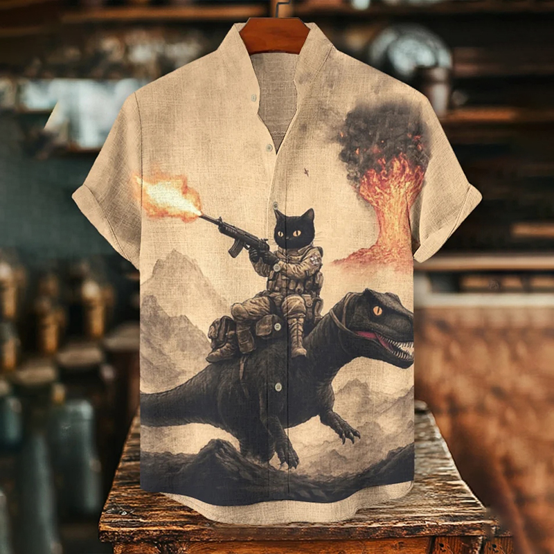 Men's Vintage Cat Riding Dinosaur Battle Print Casual Shirt