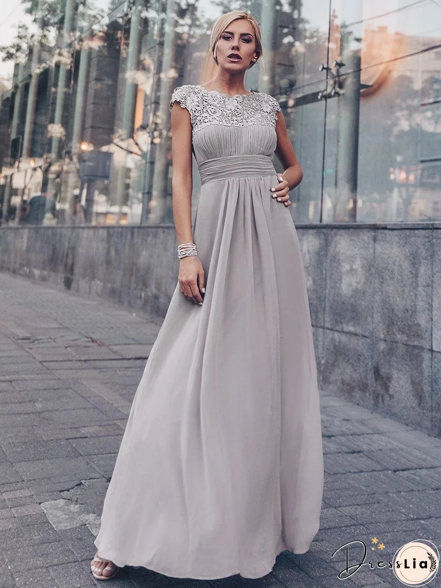 Elegant Lace Cap Sleeve Chiffon Evening Gown with Rhinestone-Embellished Neckline