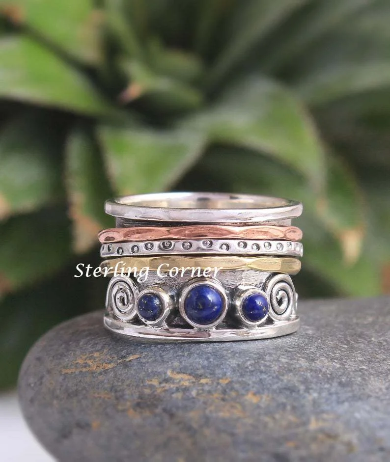 Ethnic Thai Silver Bohemian Carving Ring Hollow Vintage Imitation Lapis Lazuli Ring
