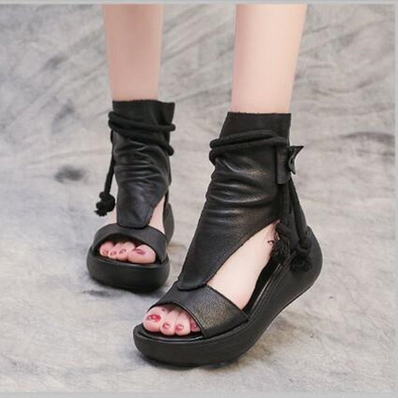 GKTINOO 2022 New Summer Black Women Leather Sandals Cool Boots Platform Shoes Wedges Sandals Women Shoes Fashion Outdoor Sandals