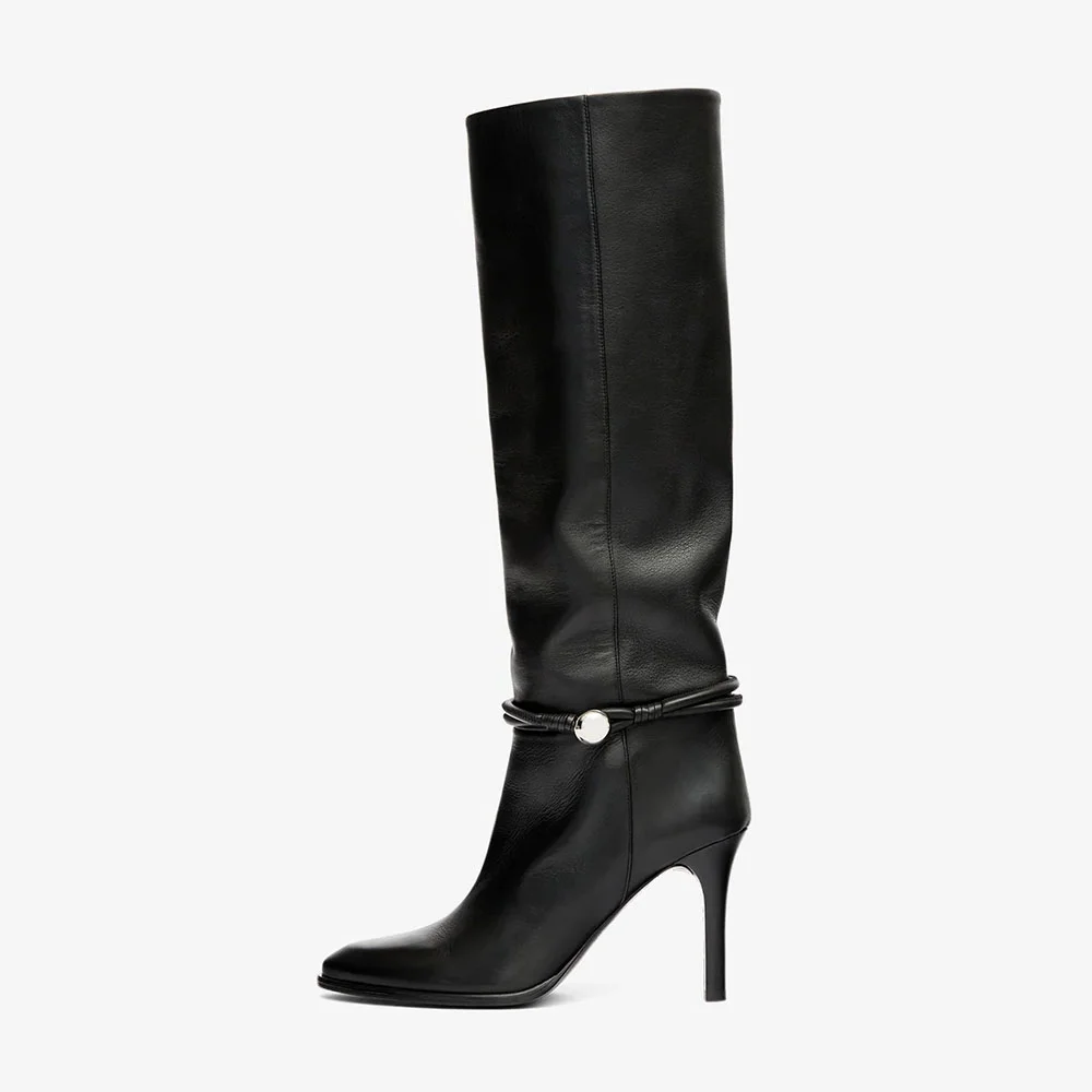 Elegant Black Pointed Toe Stiletto High Heel Tall Boots for Women