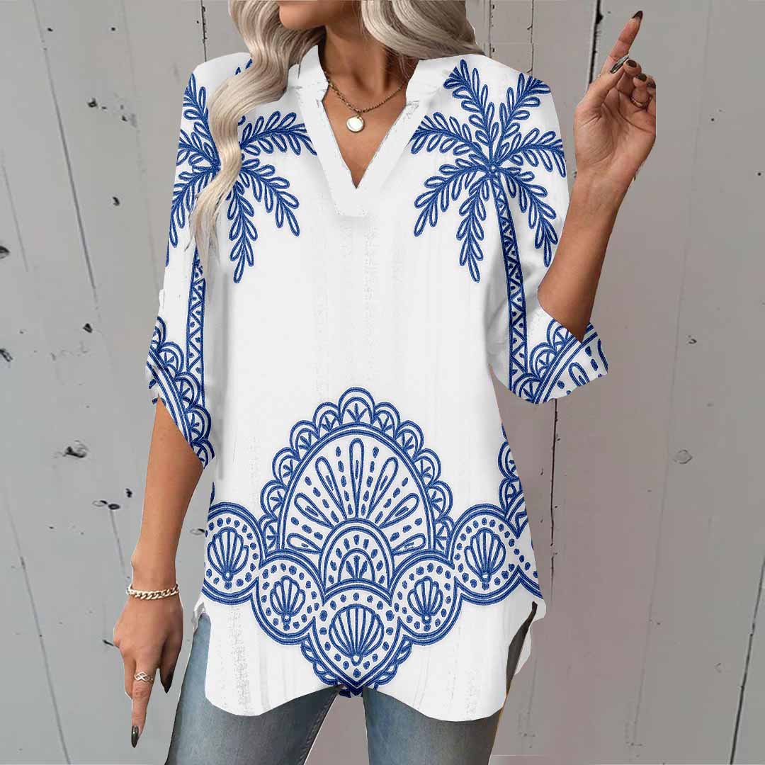 Women Tropical,Blue DZGA0276 3/4 Sleeve V-neck Printed Graphic Button Tops
