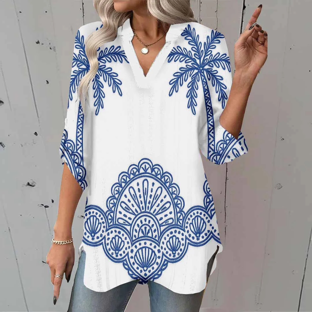 Women Tropical,Blue DZGA0276 3/4 Sleeve V-neck Printed Graphic Button Tops