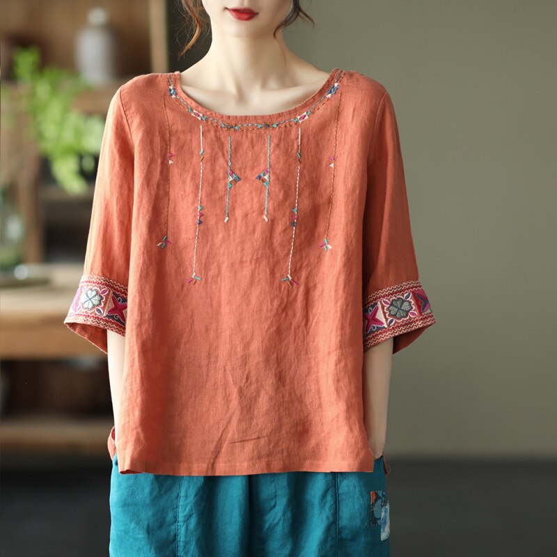 Summer Embroidered Linen Tops Women's Loose Sleeve T-shirt