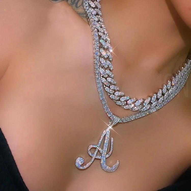 A-Z Iced Out Cursive Custom Name Pendant Necklace-VESSFUL