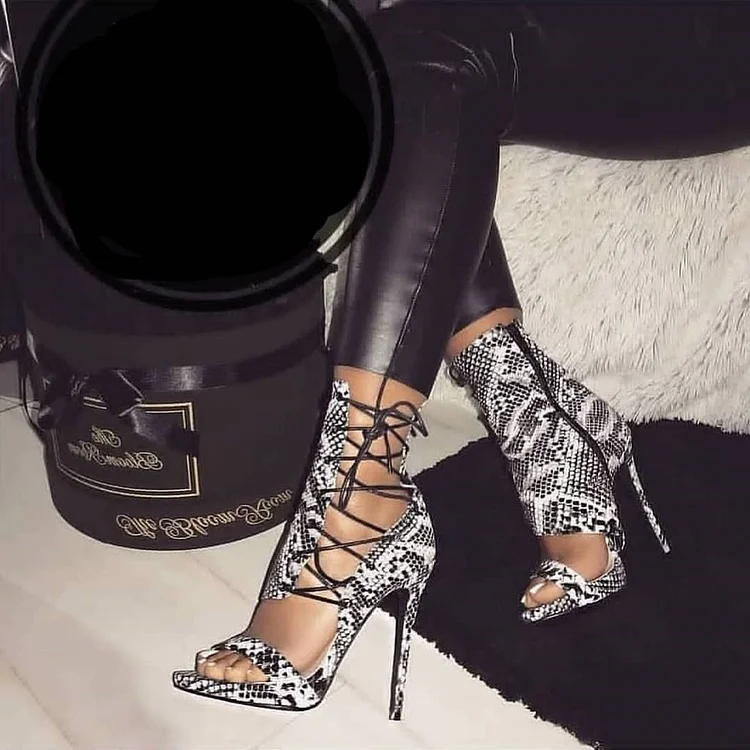 Black and White Python Stiletto Heel Lace Up Sandals |FSJ Shoes