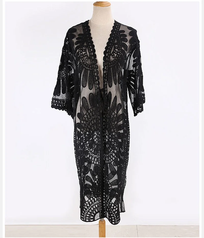 Fitshinling Flower Lace Kimono Swimwear Sheer Sexy Hot Cardigan Swimsuits Cover-Up Beach Wear Women Holiday Boho Bikini Outing