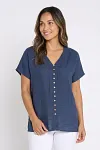 Front view of elegant navy blue linen V-neck blouse for mature women