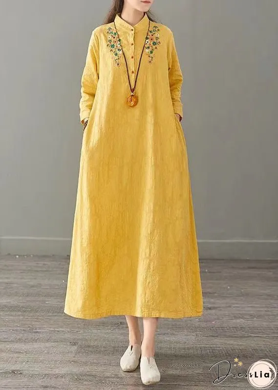 White Patchwork Cotton Long Dress Embroideried Stand Collar Fall