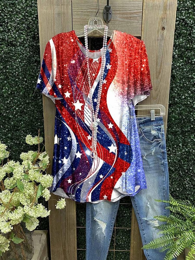 Women's American Flag 4th Of July Star Sequin Print Casual Top