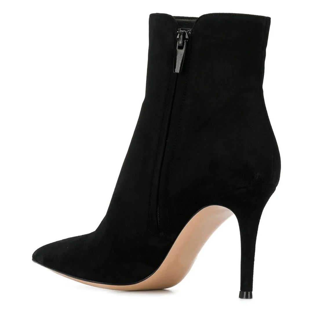 YDN Women's Vegan Suede Side Zipper Pointed Toe Black Heel Booties