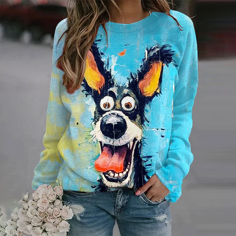 Art Dog Print Long Sleeve Casual Sweatshirt