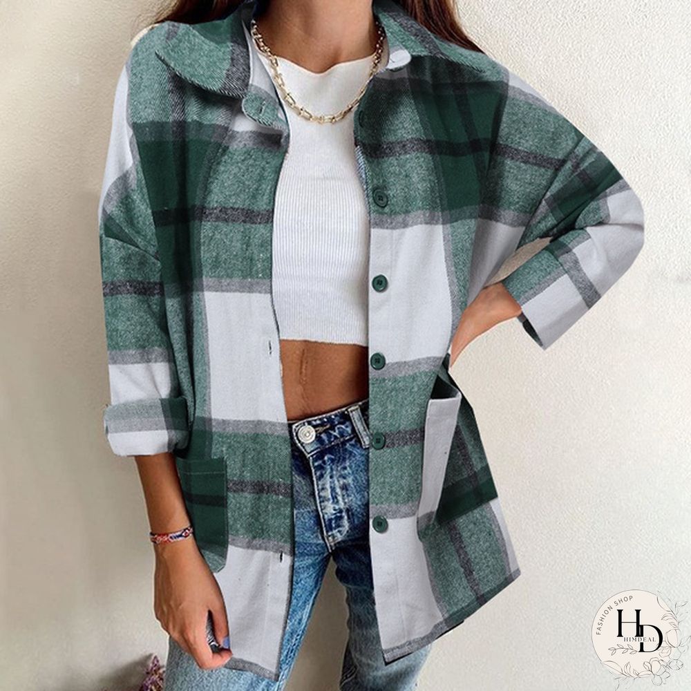 Women Plaid Long Sleeve Jacket Coat Spring Autumn Elegant Button Shirt Plus Size Coat Tops