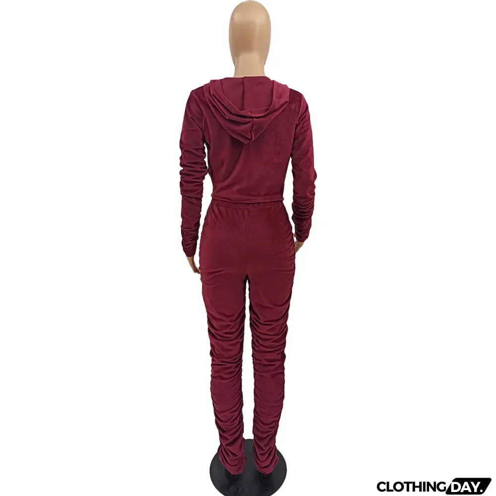 Velvet Pleated Zipper Hooded Jacket Skinny Pants Suit