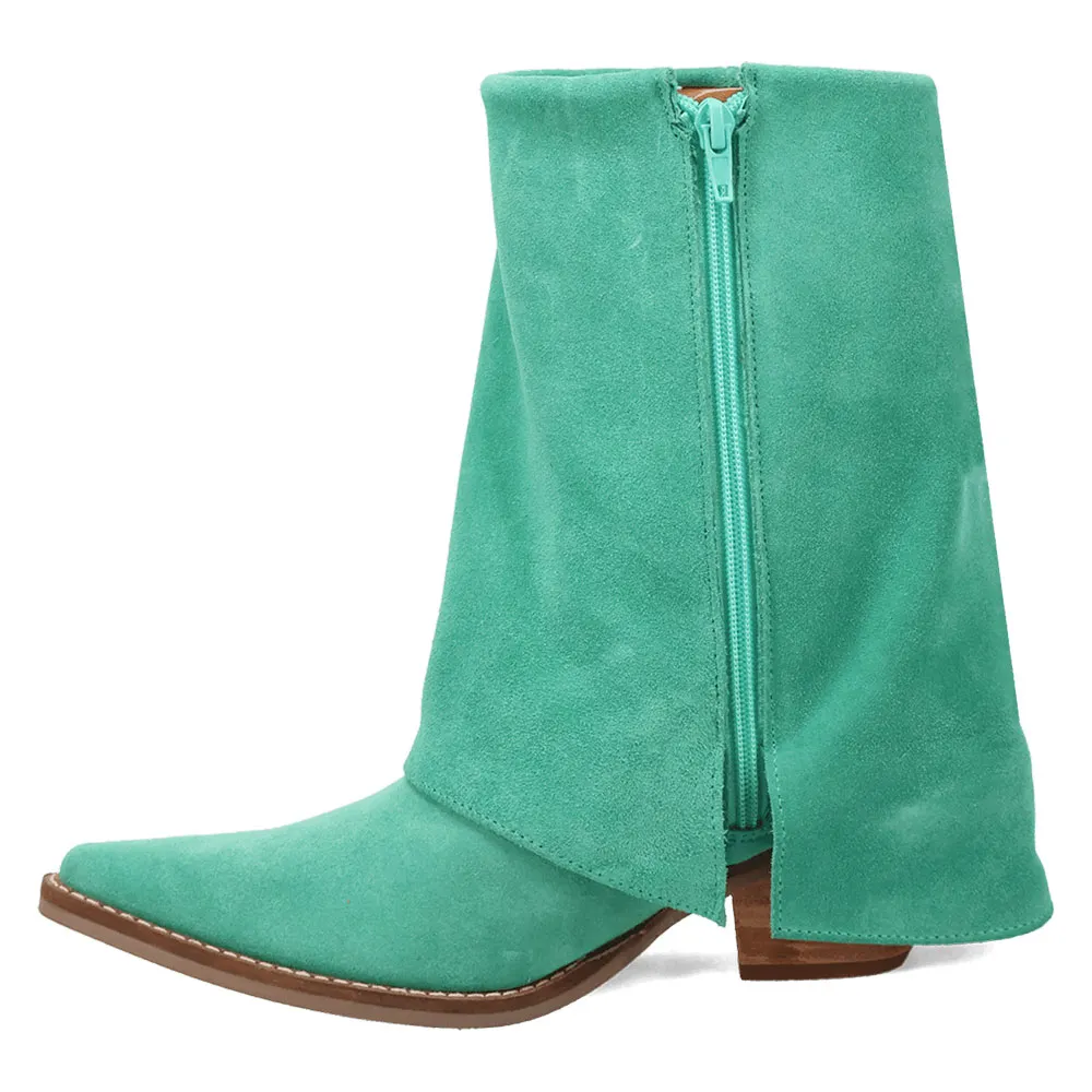 Green Vegan Suede Almond Toe Fringe Chunky Heel Fold Over Ankle Boots