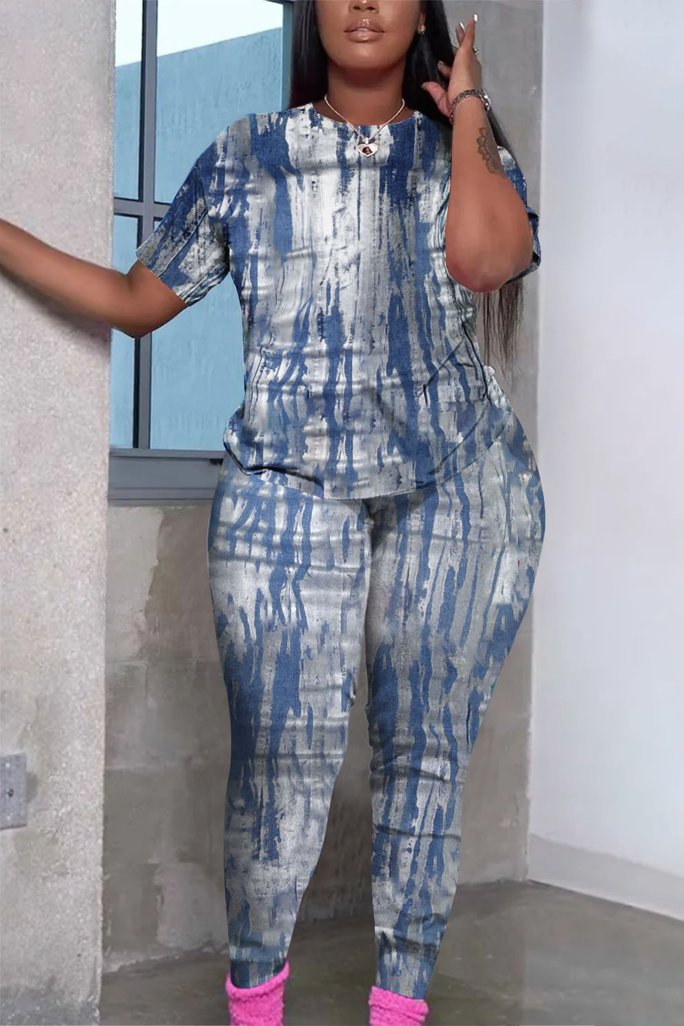 Plus Size Daily Pant Set Blue Spring Summer Round Neck Short Sleeve Two Piece Pant Set [Pre-Order]