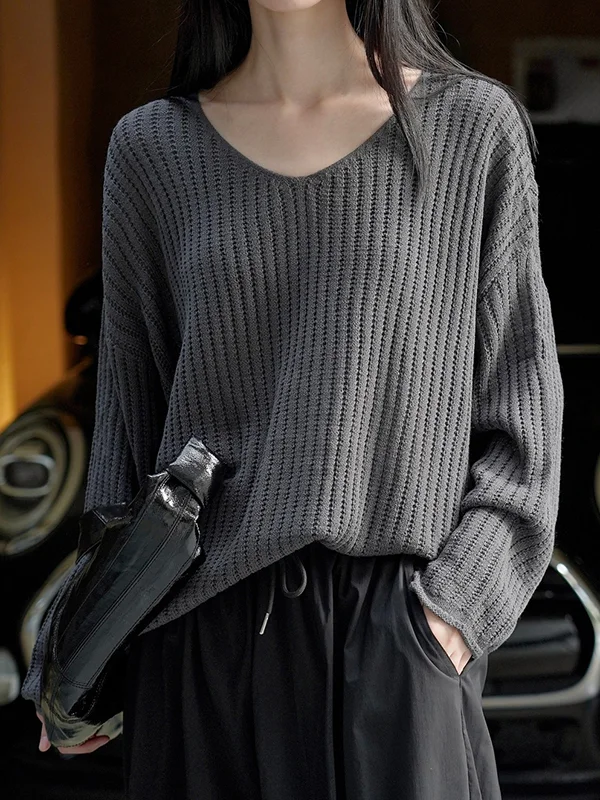 Long Sleeves Loose Solid Color V-Neck Pullovers Sweater Tops