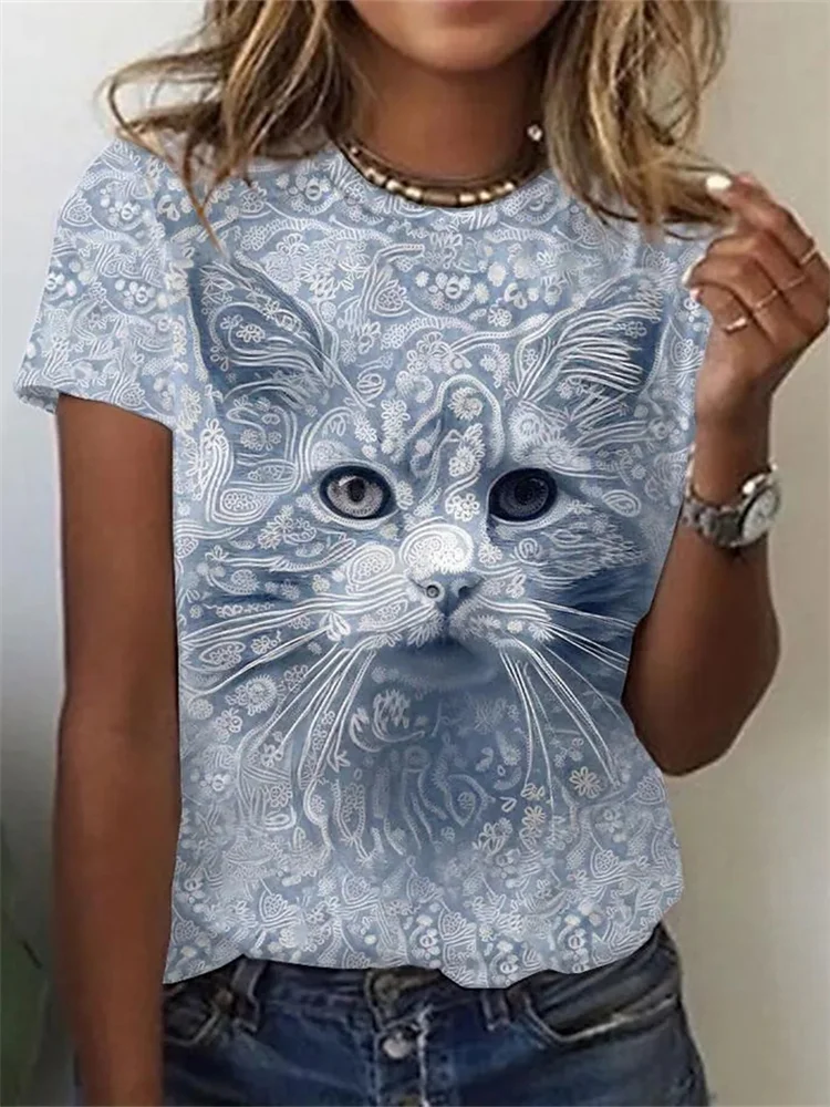 Cat Face Floral Graphic T Shirt