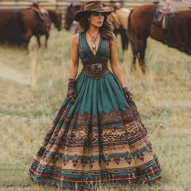 Women's Vintage Western Geometric Print V-neck Sleeveless Maxi Dress