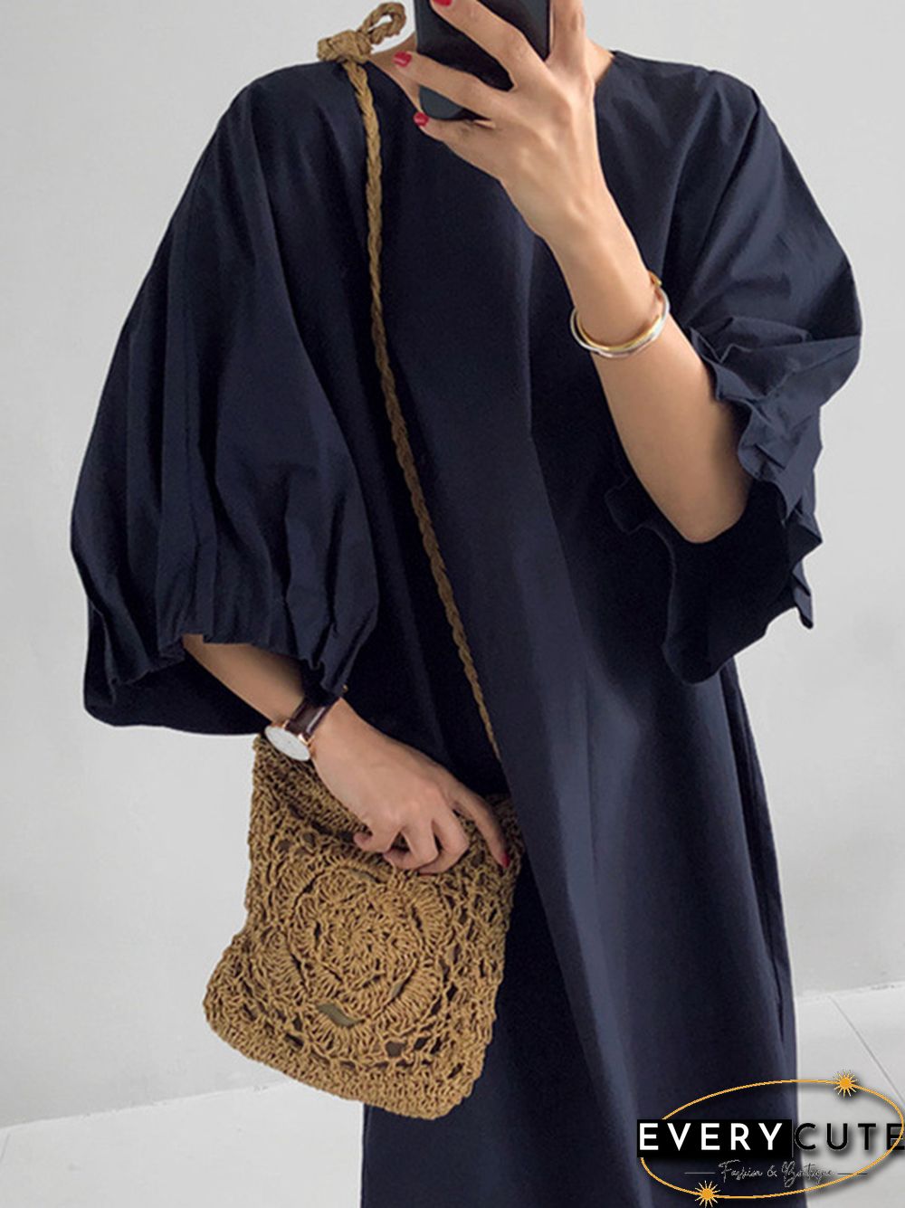 Causal Plus Size Pleated Raglan Sleeve V-Neck Midi Dress