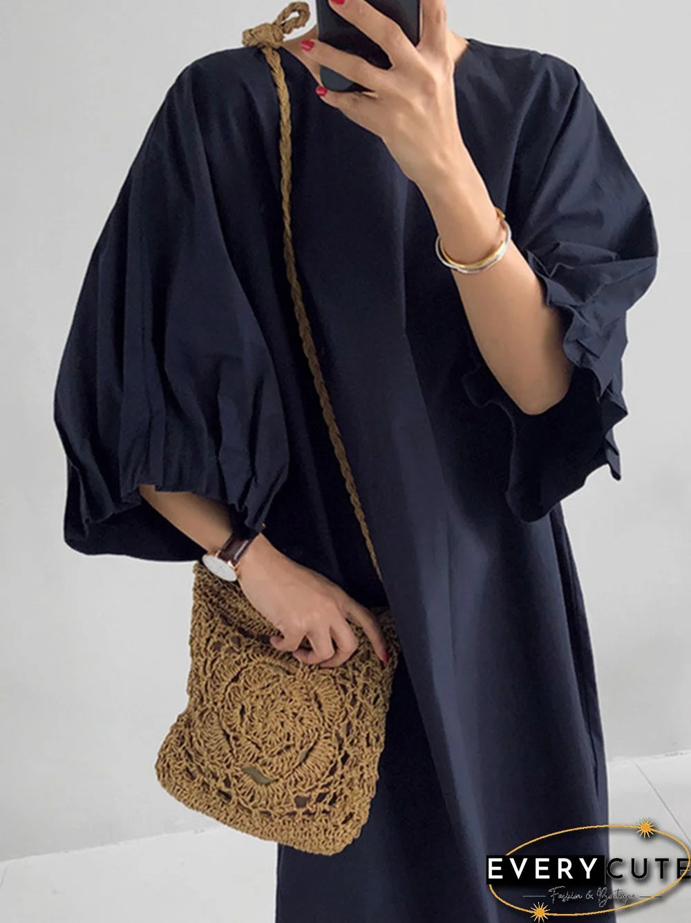 Causal Plus Size Pleated Raglan Sleeve V-Neck Midi Dress