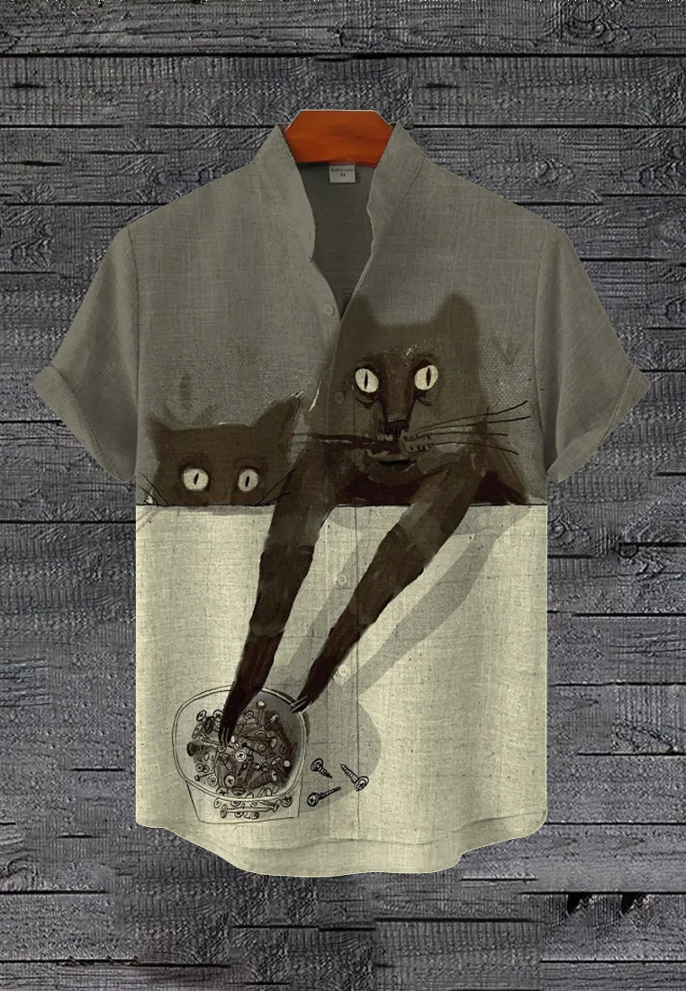 Men's Cat Repair Illustration Print Linen Blend Shirt