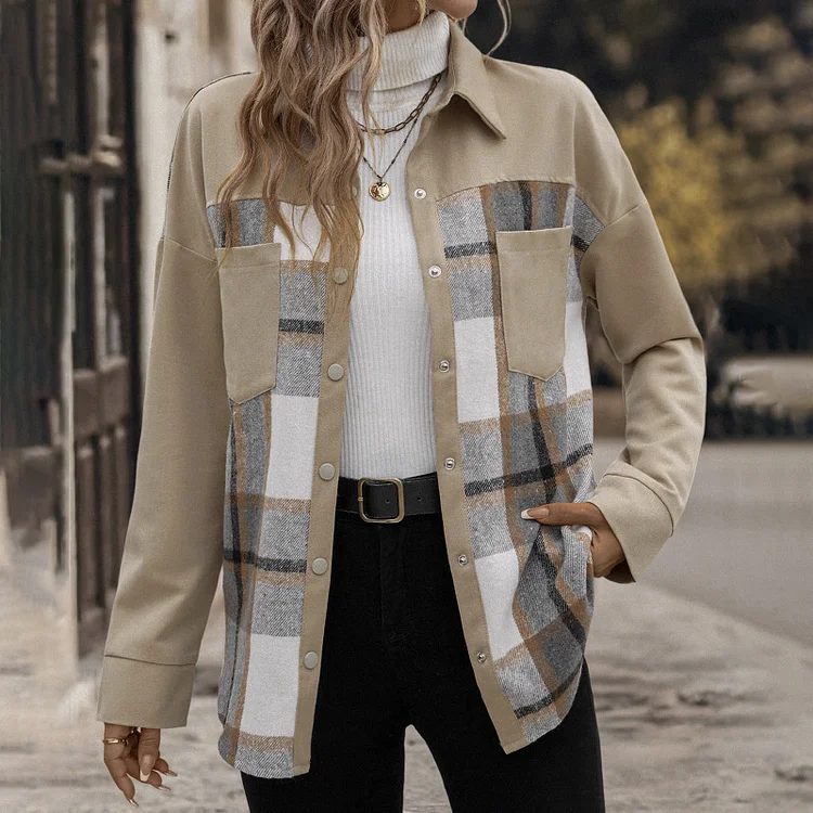 Women's Woolen Plaid Lapel Button Down Casual Shirt Jacket