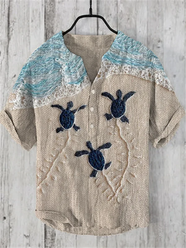 Men's Turtle Beach Embroidery Art Print Half Button Linen Blend Shirt