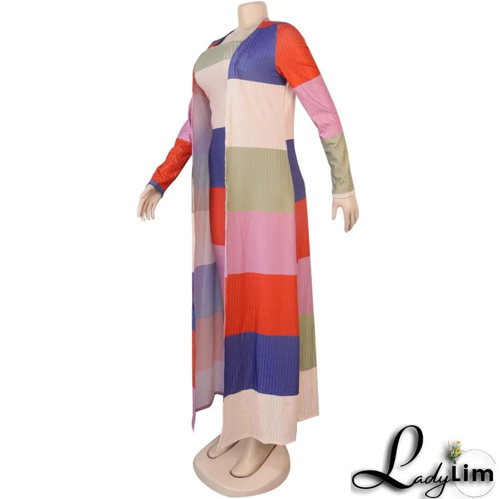 Plus Size Women Ribbed Print Colorblock Dress + Long Coat