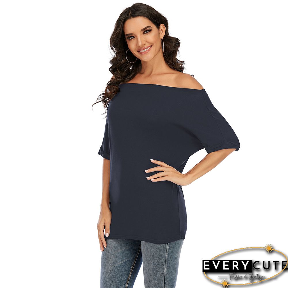 Navy Blue Cotton Blend Off Shoulder Tops