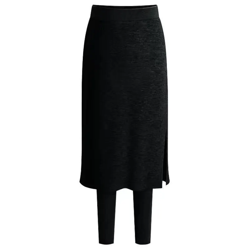 CHRLEISURE Women Sexy Two Pieces Skirt Leggings Slim Fit Elastic Winter Warm Fleece Long Skirt Leggings Solid Color