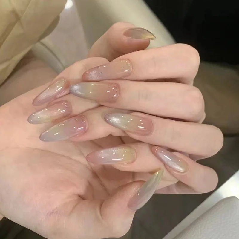 Lidudu 30Pcs Wine Red Fake Nails With Gradient Print Design Long Stiletto False Nails Wearabe Almond Press on Nails Full Cover Tips