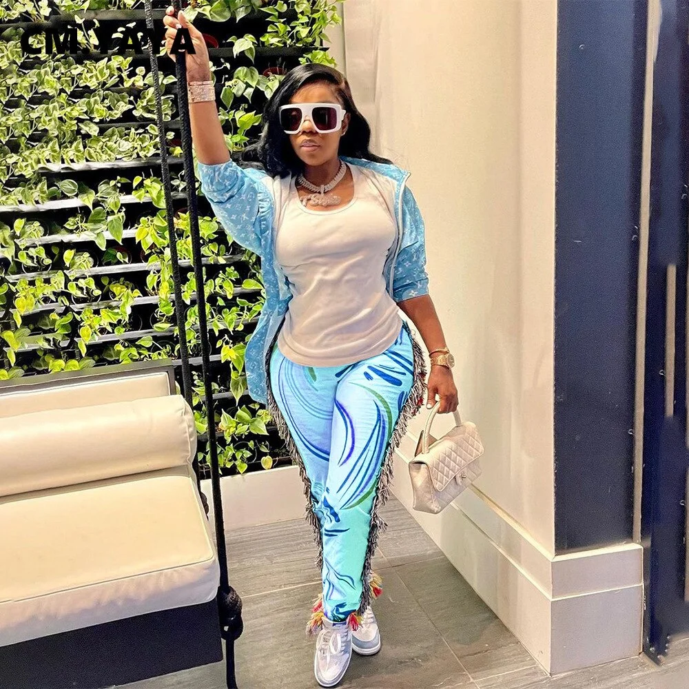 CM.YAYA Autumn Spring Women Pants High Waist Activewear Pencil Trousers Sporty Print Tassel Jogger Pants Sweatpants