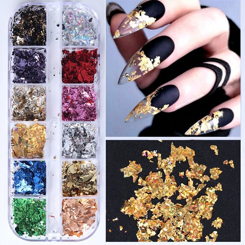 12 Color Gold Colorful Shinning Foils Gorgeous Aluminum Nails Glitter Flakes Paillette Chip Nail Art Decoration DIY Design