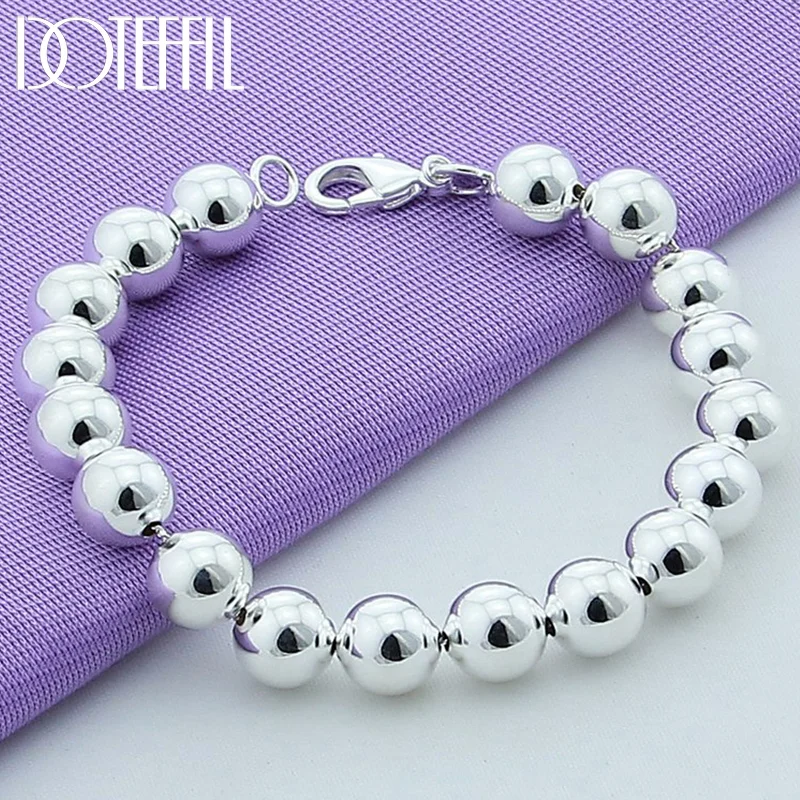 DOTEFFIL 925 Sterling Silver 8mm/10mm Hollow Circle Ball Beads Silver Beaded 20cm Bracelet Woman Jewelry
