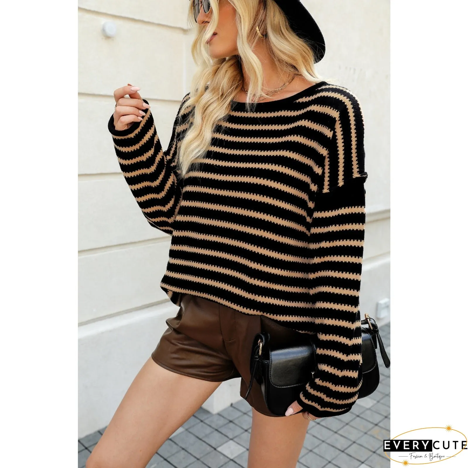 Women's Striped Knitted Loose Shoulder Batwing Long Sweaters