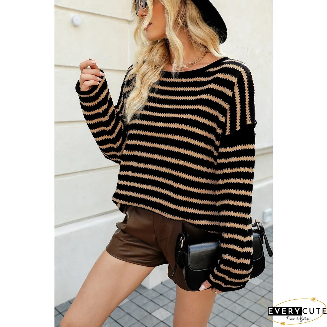 Women's Striped Knitted Loose Shoulder Batwing Long Sweaters